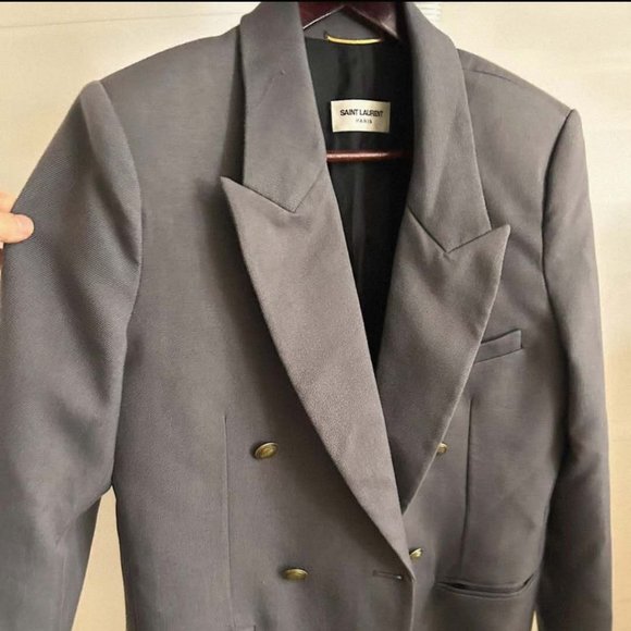 SAINT LAURENT GREY DOUBLE-BREASTED BLAZER